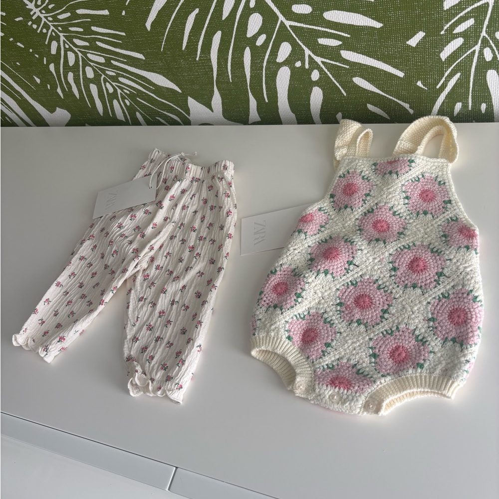 Zara Cream, Pink & Green Crocheted Baby Romper Set🌸